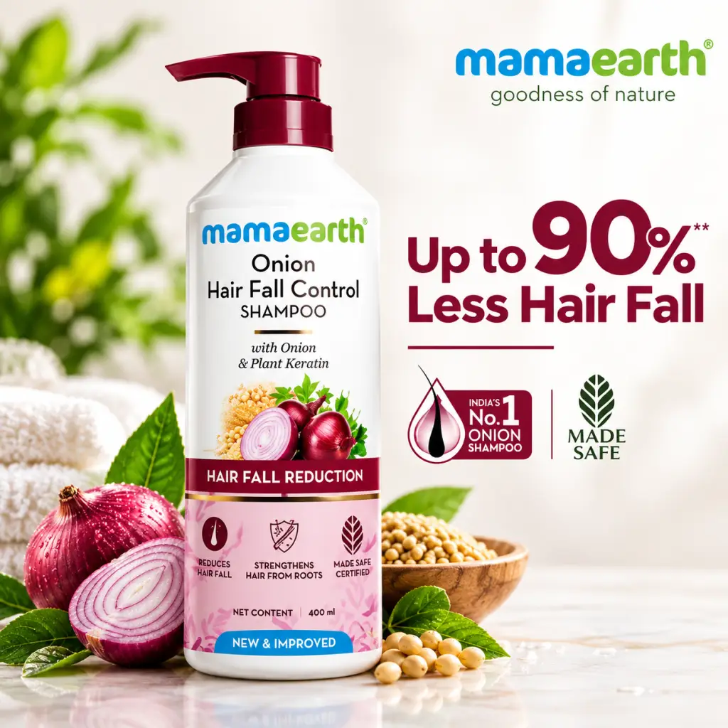 Mamaearth Onion Shampoo bottle for hair fall control with onion and plant keratin